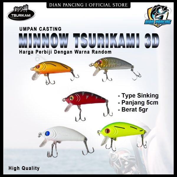Umpan Tsurikami Minnow 3D Fishing Lure Sinking Warna Random  5Cm